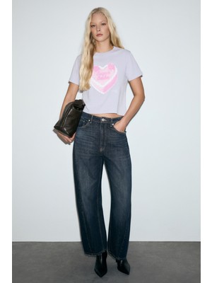 Grimelange Melunae Kadın Organik Pamuklu Bisiklet Yaka Kısa Kollu Baskı Detaylı Lila T-Shirt