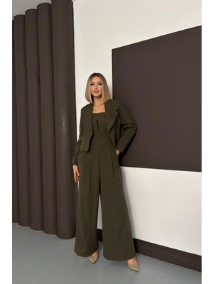 Lior Design Haki Dokuma Ceket ve Çift Cepli Straplez Tulum Ikili Takım BCHN-254004