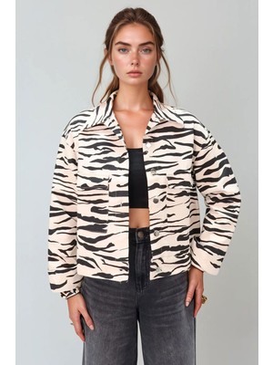 Lior Design Siyah-Krem Zebra Desenli Crop Jean Ceket BCHESQ-251027
