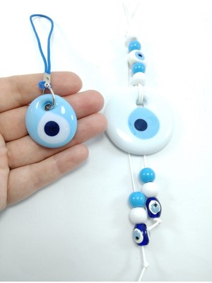Beyaz Nazar Boncuğu ve Bebek Mavisi Nazarlık ile Dekoratif Set