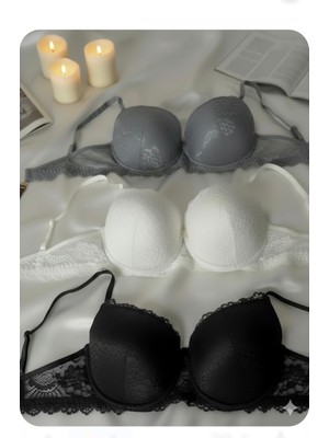 Trend Dokunuş Kadın Dolgusuz Içi Boş  Dantelli Siyah-Gri-Ekru 3'lü Sütyen Takımı