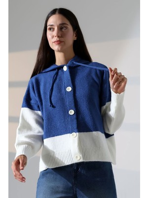 Lior Design Mavi Renk Bloklu Kapüşonlu Düğmeli Triko Hırka BCES-252017