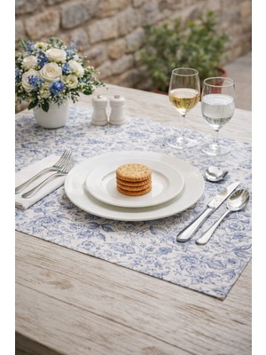 Rona Home Mavi Beyaz Bohem Tarz Çiçek Desenli Sofra Sunum Altlığı 6 Lı Set - 30X40 cm Supla & Amerikan Servis