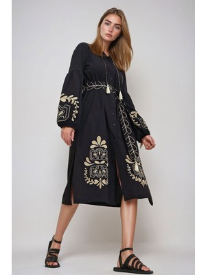 Lior Design Siyah Hakim Yaka Kemerli Çift Yırtmaçlı Keten Elbise BCHESQ-251042