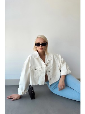 Lior Design Ekru Çift Cepli Lazer Kesim Yıkamalı Crop Denim Ceket BCDF-235408