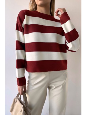 Lior Design Bordo Bisiklet Yaka Çizgili Yumuşak Dokulu Basic Triko Kazak BC231035