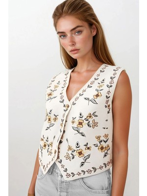 Lior Design Krem Çiçek Nakışlı Düğme Kapamalı Yelek BCHESQ-251139