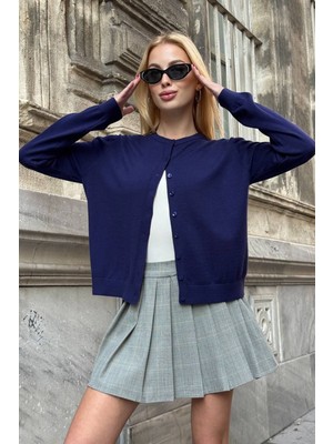 Lior Design Lacivert Bisiklet Yaka Düğmeli Triko Hırka BCHZCK-251267