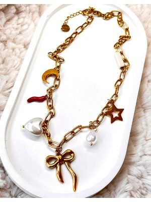 Zara Model Gold Charmlı Kurdele Detaylı 316L Paslanmaz Çelik Kolye