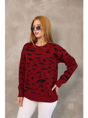 Lior Design Bordo Bisiklet Yaka Desenli Triko Kazak BCES-252032