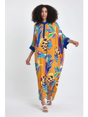 Lior Design Maxi Boy Turuncu Hakim Yaka Çiçek Desenli Uzun Boy Dokuma Elbise BCVL-24969