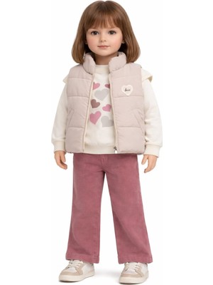 İrem Çocuk Giyim Kız Çocuk Love Yazılı Şişme Yelekli Kalpli Kolu Fırfırlı Sweat Gabardin Pantolonlu Üçlü Takım
