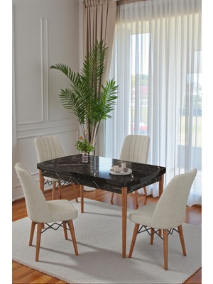 Kaktüs Avm 80X170CM Mutfak Masası Takımı | 4 Kişilik Açılır Masa Sandalye Takımı | Yemek Masası | Masa Takımı - Siyah Mermer Masa - Krem