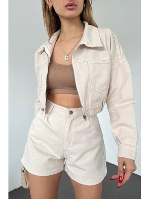 Lior Design Bej Çift Cepli Fermuarlı Yıkamalı Crop Denim Ceket BCDF-235410