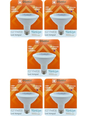 Avarson (5 Adet) Osaka 14W (100W) Ilık Beyaz (Günışığı) (4000K) E27 Duylu (Kalın Duy) LED PAR30 Ampul