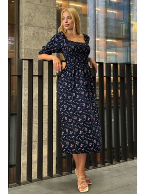Lior Design Lacivert Kare Yaka Beli Gipeli Çiçek Desenli Dokuma Yazlık Elbise BCVL-25V095
