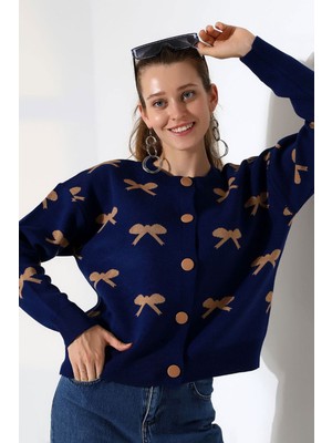 Lior Design Lacivert Fiyonk Desenli Düğmeli Triko Hırka BCES-252044