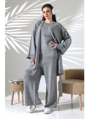 Lior Design Gri Bisiklet Yaka Bluz, Hırka ve Pantolon 3 Lü Triko Takım BCES-252041