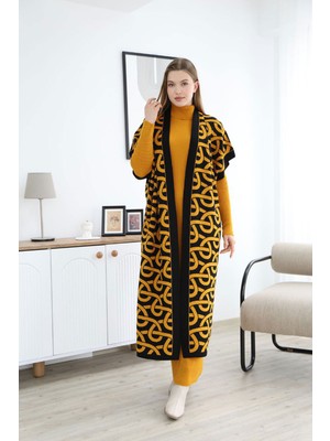 Lior Design Hardal Boğazlı Triko Elbise ve Uzun Desenli Hırka Alt Üst Takım BCES-252040