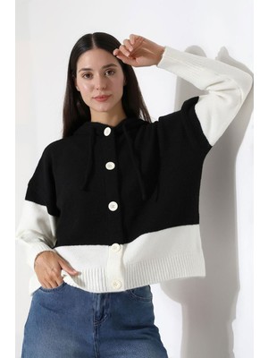 Lior Design Siyah Renk Bloklu Kapüşonlu Düğmeli Triko Hırka BCES-252017