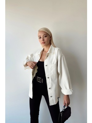 Lior Design Ekru Çift Cepli Yıkamalı Denim Gömlek Ceket BCDF-235403