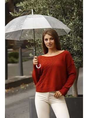 Lior Design Kiremit Kayık Yaka Saç Örgü Desenli Kışlık Triko Kazak BCES-253016