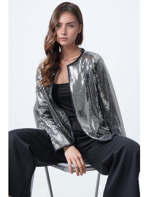 Lior Design Gri Payetli Açık Form Ceket BCHESQ-251161
