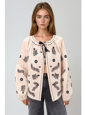 Lior Design Bej Hakim Yaka Çiçek Desenli Nakış Işlemeli Keten Ceket BCHESQ-251096