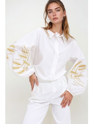 Lior Design Beyaz Kolları Işlemeli Poplin Dokuma Gömlek BCHESQ-251033
