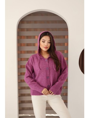 Lior Design Lila Düğmeli Kapüşonlu Soft Touch Triko Hırka BCES-253009