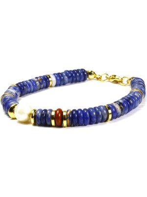 Ilgın Doğal Taş Takı Sodalit Taşı Bileklik | Gerçek Altın Kaplama ve Doğal Inci Detaylı El Yapımı Doğal Taş Takı