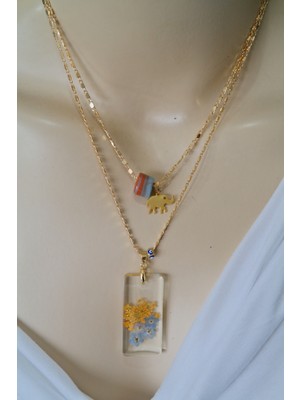 Gerçek Mavi Beni Unutma Çiçeği Mavi Turuncu Ebruli Cam Boncuk Gold Fil Tasarım Ikili Kolye