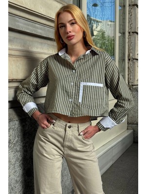 Lior Design Haki Manşet ve Cepleri Garnili Çizgili Oversize Crop Dokuma Gömlek BC231036