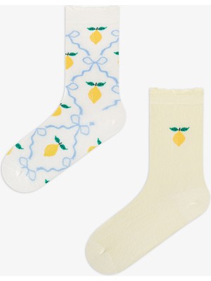 Penti 2 Çift Burun Dikişsiz Pamuklu Renkli Limon Desenli Fırfırlı Soket Çorap