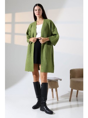 Lior Design Zeytin Yeşili Çift Cepli Yarım Kol Uzun Boy Triko Hırka BCES-252019