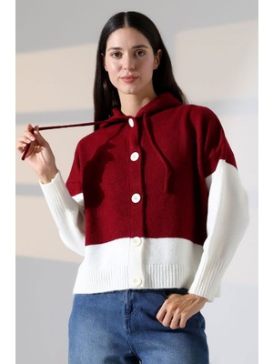 Lior Design Bordo Renk Bloklu Kapüşonlu Düğmeli Triko Hırka BCES-252017