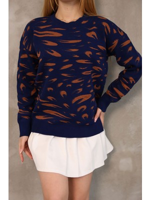 Lior Design Lacivert Bisiklet Yaka Desenli Triko Kazak BCES-252032