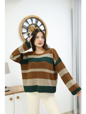 Lior Design Tarçın Kahve Bisiklet Yaka Çizgi Desenli Triko Kazak BCES-252006