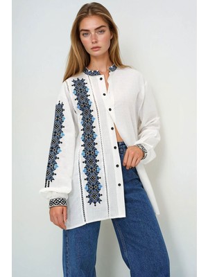 Lior Design Ekru Hakim Yaka Nakışlı Keten Gömlek BCHESQ-251070