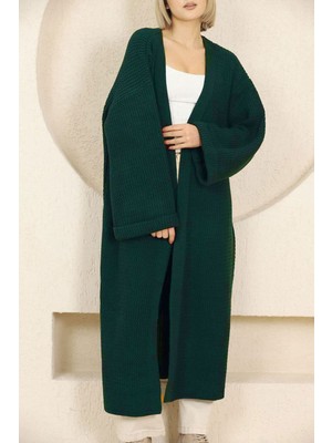 Lior Design Zümrüt Yeşili Duble Kol Uzun Tesettür Triko Hırka BCES-253000