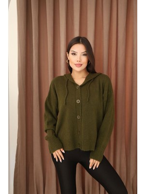 Lior Design Haki Düğmeli Kapüşonlu Soft Touch Triko Hırka BCES-253009