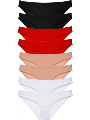 MiraLive 8 Adet Süper Eko Set Likralı Kadın Slip Külot Siyah Kırmızı Ten Beyaz