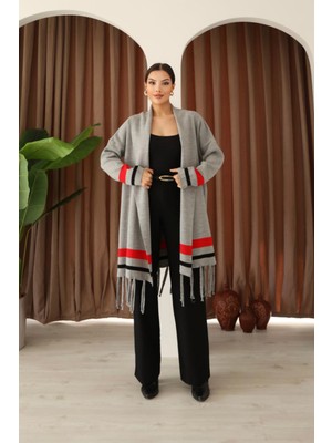 Lior Design Gri Püsküllü Renk Bloklu Uzun Triko Hırka BCES-253002