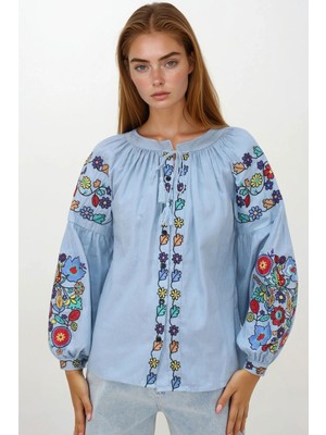 Lior Design Mavi Hakim Yaka Püskül Bağcıklı Nakışlı Armürlü Dokuma Gömlek BCHESQ-251146