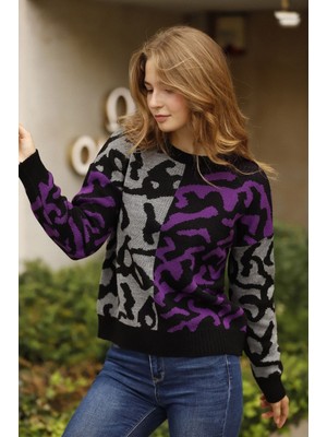 Lior Design Mor Renk Bloklu Desenli Kışlık Triko Kazak BCES-253014