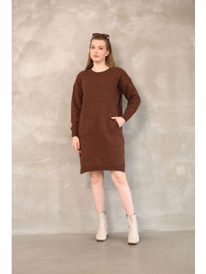 Lior Design Kahverengi Çift Cepli Bisiklet Yaka Tunik Elbise BCES-252022-1