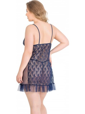 Narnuga Büyük Beden Lacivert Kısa Tül Gecelik