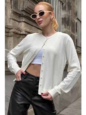 Lior Design Ekru Bisiklet Yaka Düğmeli Triko Hırka BCHZCK-251267