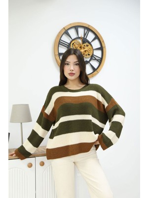 Lior Design Haki Bisiklet Yaka Çizgi Desenli Triko Kazak BCES-252006