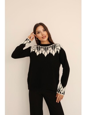 Lior Design Siyah Bisiklet Yaka Desenli Triko Kazak BCES-253003